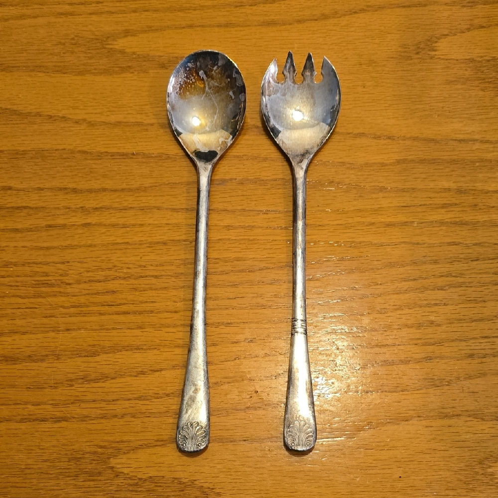 Vintage W.A. Italy Gold Plated Silver Plated Salad Serving Set 9-1/4"